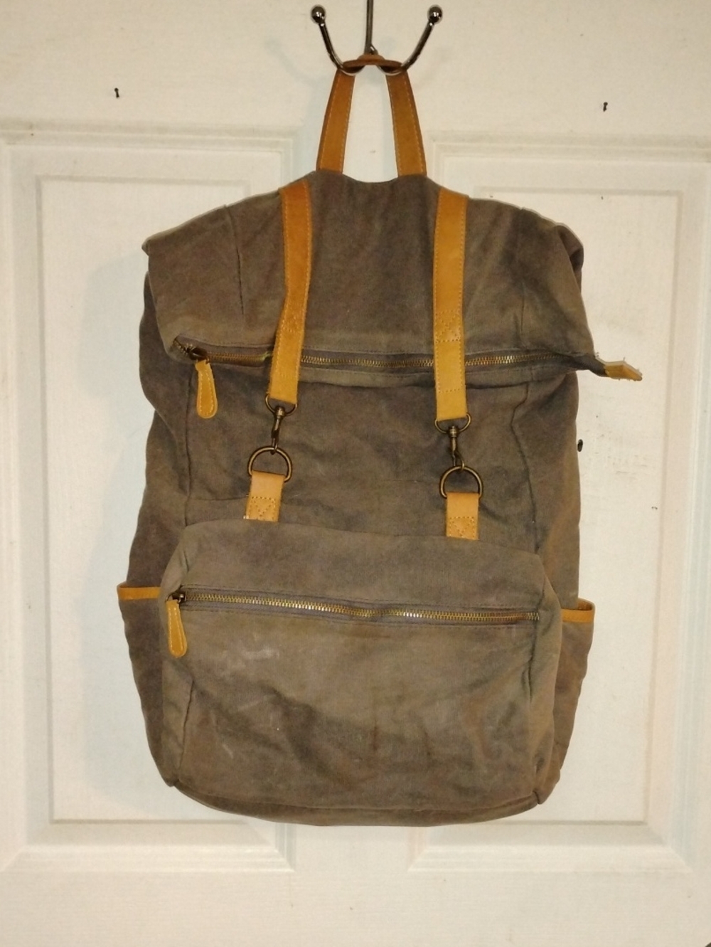 Hearth & Hand Canvas Backpack with Tan Leather Accents - Neutral Gray